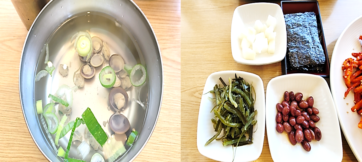재첩국과 정갈한 밑반찬들