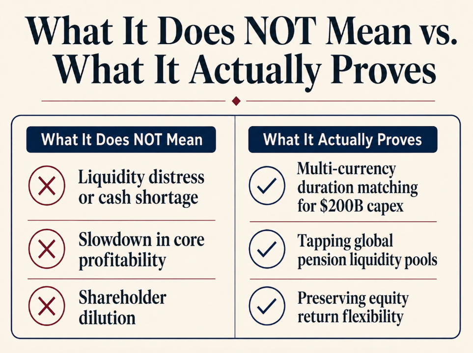 Comparison chart detailing the difference between liquidity distress and strategic balance sheet diversification for Alphabet's bond issuance.