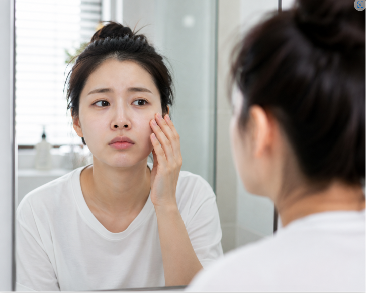 아침에 거울을 보며 얼굴 붓기를 확인하는 여성