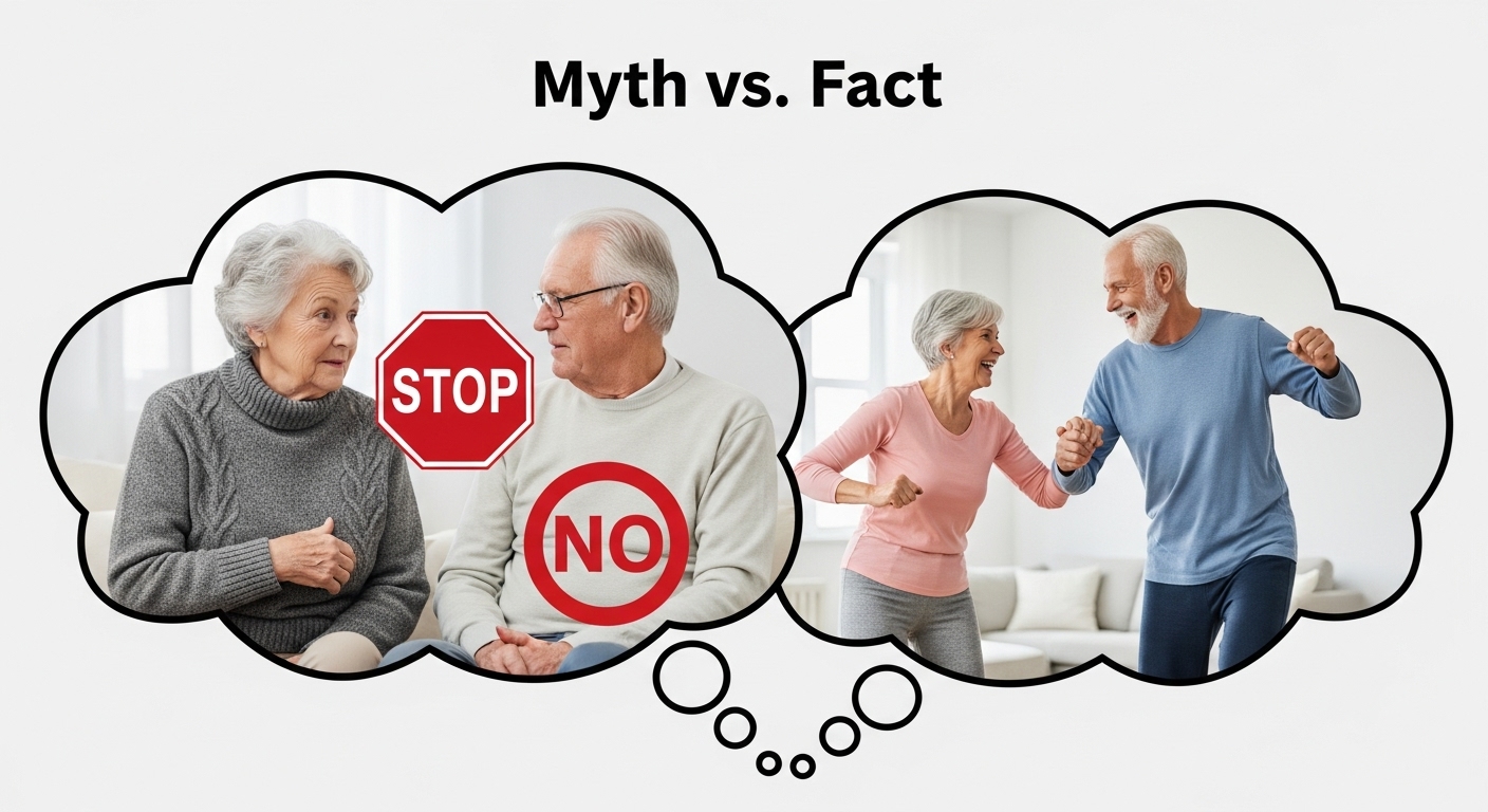 노년 성생활에 대한 흔한 오해와 진실을 대비하는 인포그래픽 이미지.