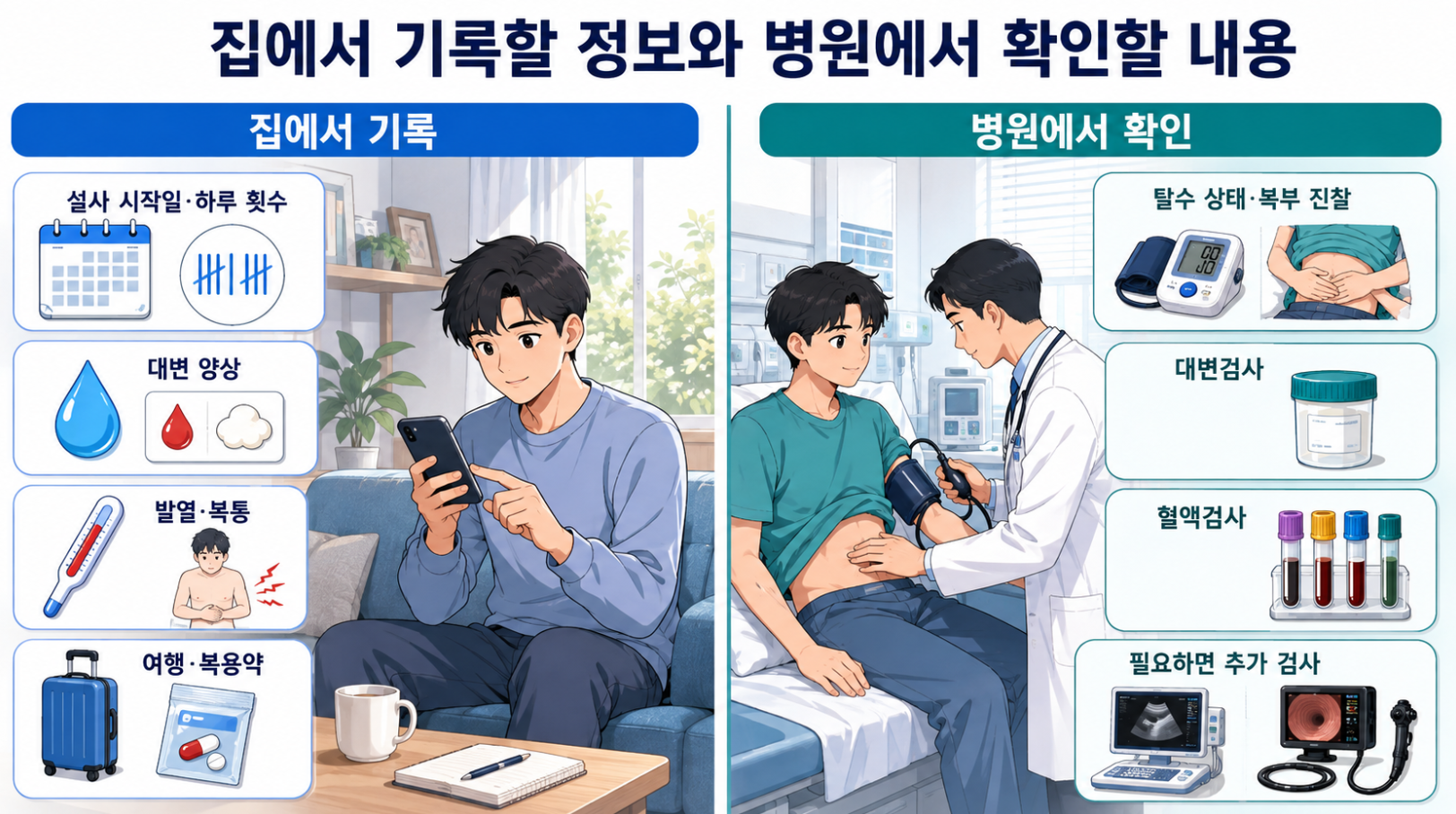 집에서 기록할 설사 정보와 병원에서 진찰&middot;대변검사&middot;혈액검사로 확인할 내용을 비교한 인포그래픽