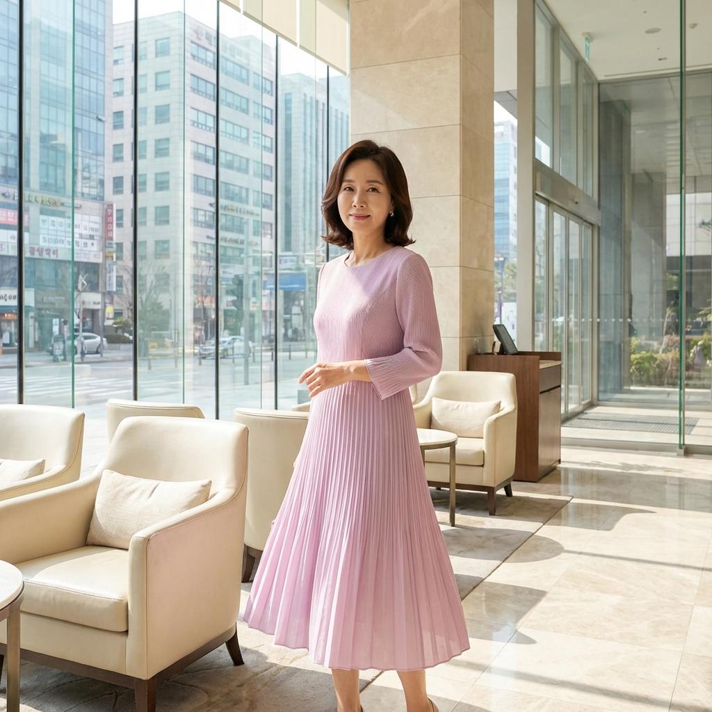 배 안 나오는 50대 봄 하객 플리츠 원피스