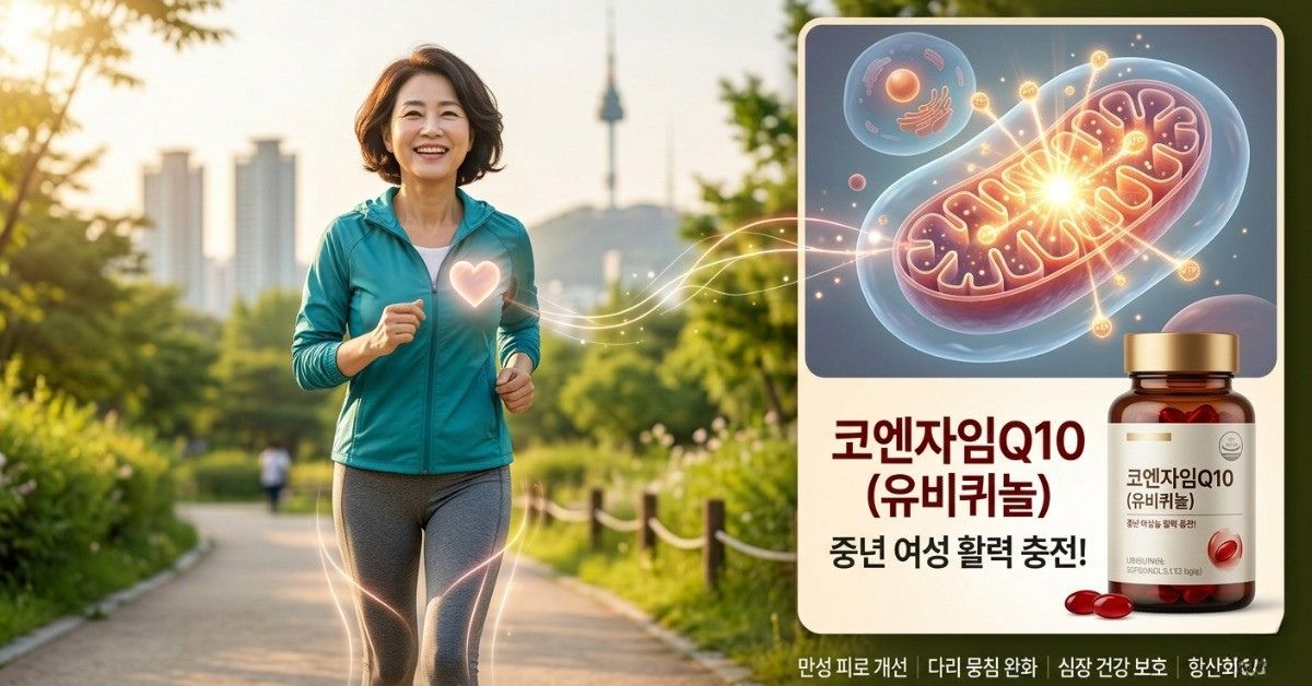 조깅하는 중년 여성 사진과 심장 아이콘, 미토콘드리아 세포 에너지 구조, 코엔자임Q10 유비퀴놀 영양제 병이 결합된 건강 정보 이미지.