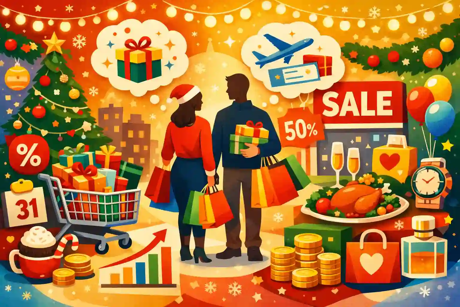 연말에 다양한 이유와 원인으로 소비가 이루어지는데 그에 대한 일러스트 사진