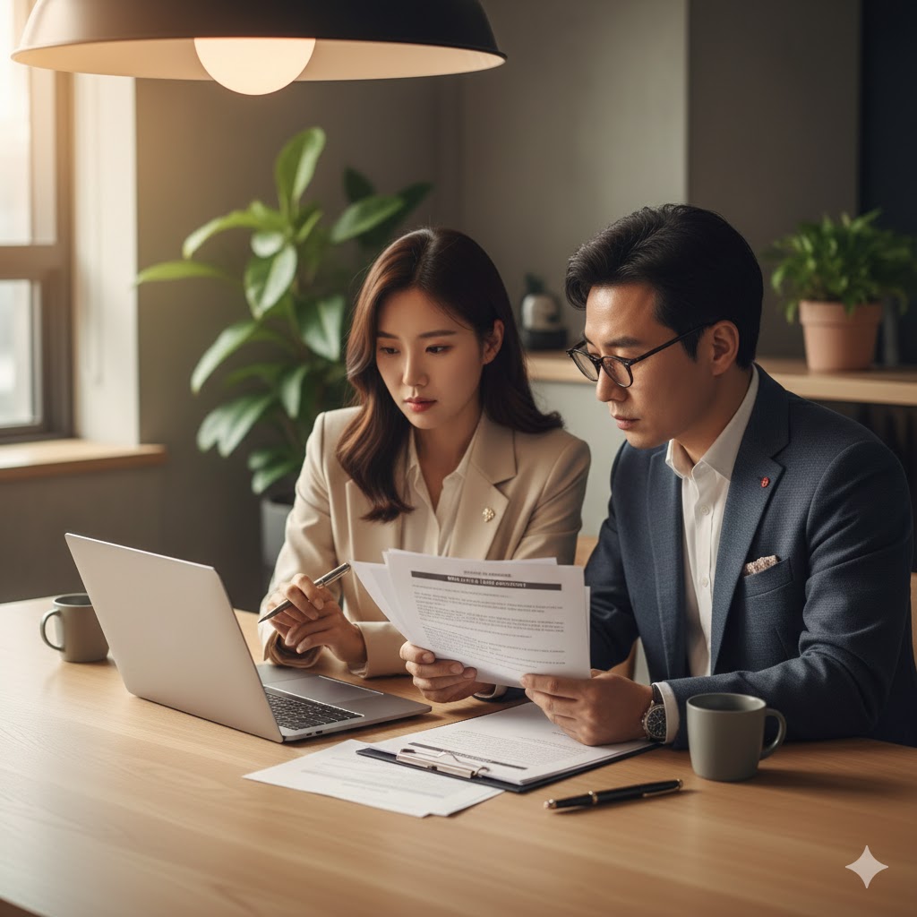 노트북으로 부동산 계약서를 꼼꼼히 확인하고 있는 모습