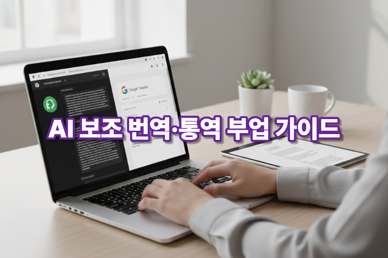 AI를 활용한 번역 및 통역 부업을 상징하는 작업 환경 이미지