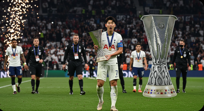 유로파리그 우승 트로피를 들고 환호하는 손흥민 선수