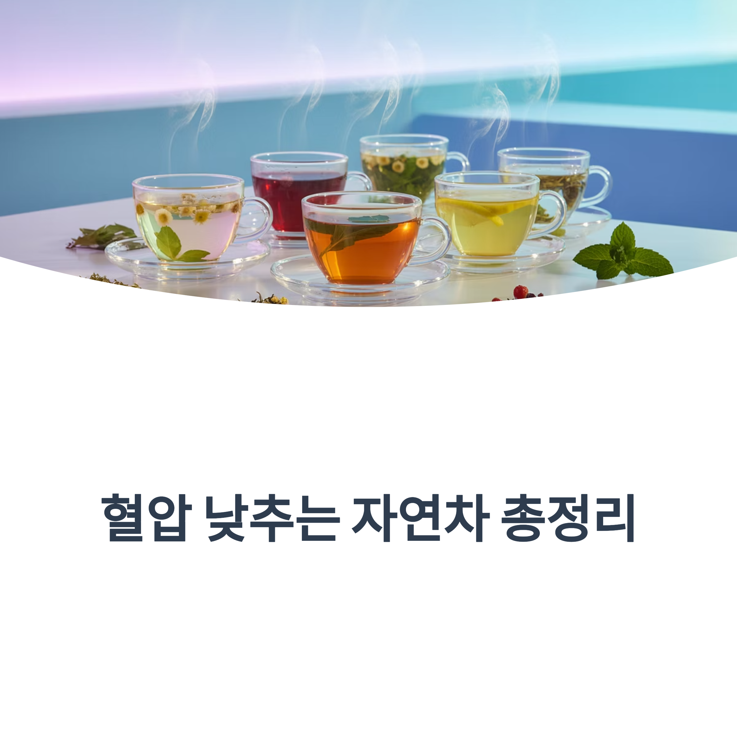 다양한 허브차가 담긴 유리 찻잔들이 테이블 위에 놓여 있고, 김이 피어오르는 따뜻한 분위기의 이미지. 하단에는 "혈압 낮추는 자연차 총정리"라는 문구가 포함되어 있음.