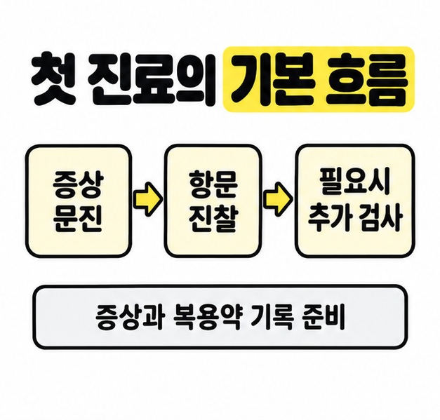 증상 문진, 항문 진찰, 필요시 추가 검사로 이어지는 흐름과 증상 및 복용약 기록 준비를 설명한 그림