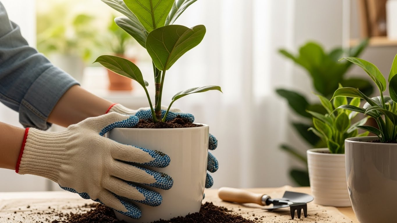 분갈이 후 식물의 뿌리 활착을 돕기 위해 화분 흙을 정돈하고 밝은 실내 반그늘에서 적응 기간을 갖고 있는 반려식물 관리 모습 이미지