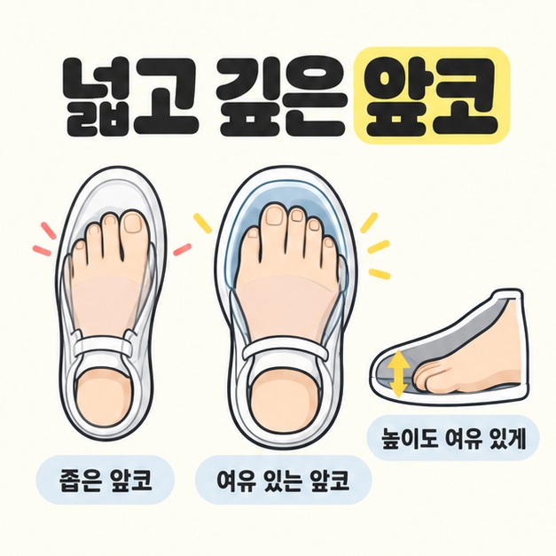 좁은 앞코와 여유 있는 앞코에 들어간 발을 비교하고 측면 단면과 위아래 화살표로 발가락 위 공간을 보여 주는 그림