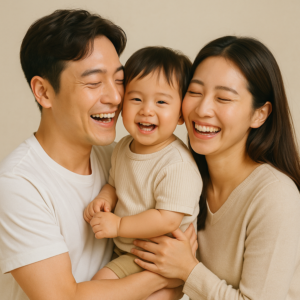 24개월이 막 지난 아기를 안고 엄마아빠가 행복해하는 모습