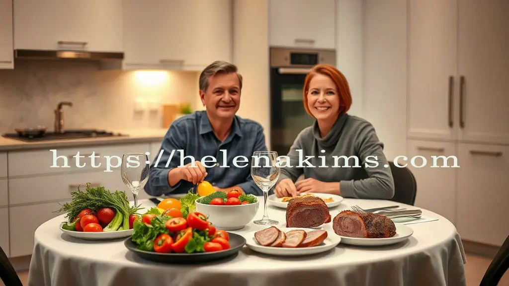 중년의 부부가 식탁에서 싱싱한 채소와 단백질이 풍부한 고기를 먹고 있는 모습.