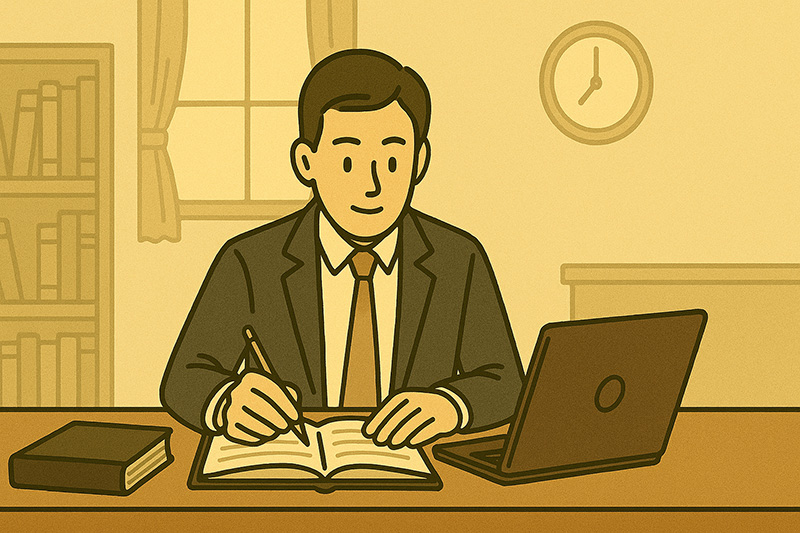 남성이 공부방 책상에서 노트북과 책을 펼쳐놓고 손해평가사 시험을 준비하는 모습의 일러스트