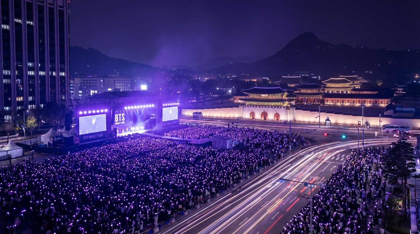 2026년 3월 21일 BTS 광화문 공연 현장 인파와 세종대로 교통통제 구간 전경