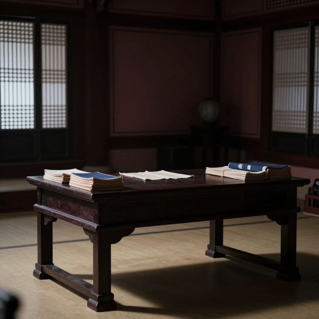 조선 시대 궁궐 서재에 놓인 펼쳐지지 않은 책의 모습,
공부와 사고를 외면한 선택이
조선 왕조의 위기를 불러온 순간을 상징적으로 표현한 장면