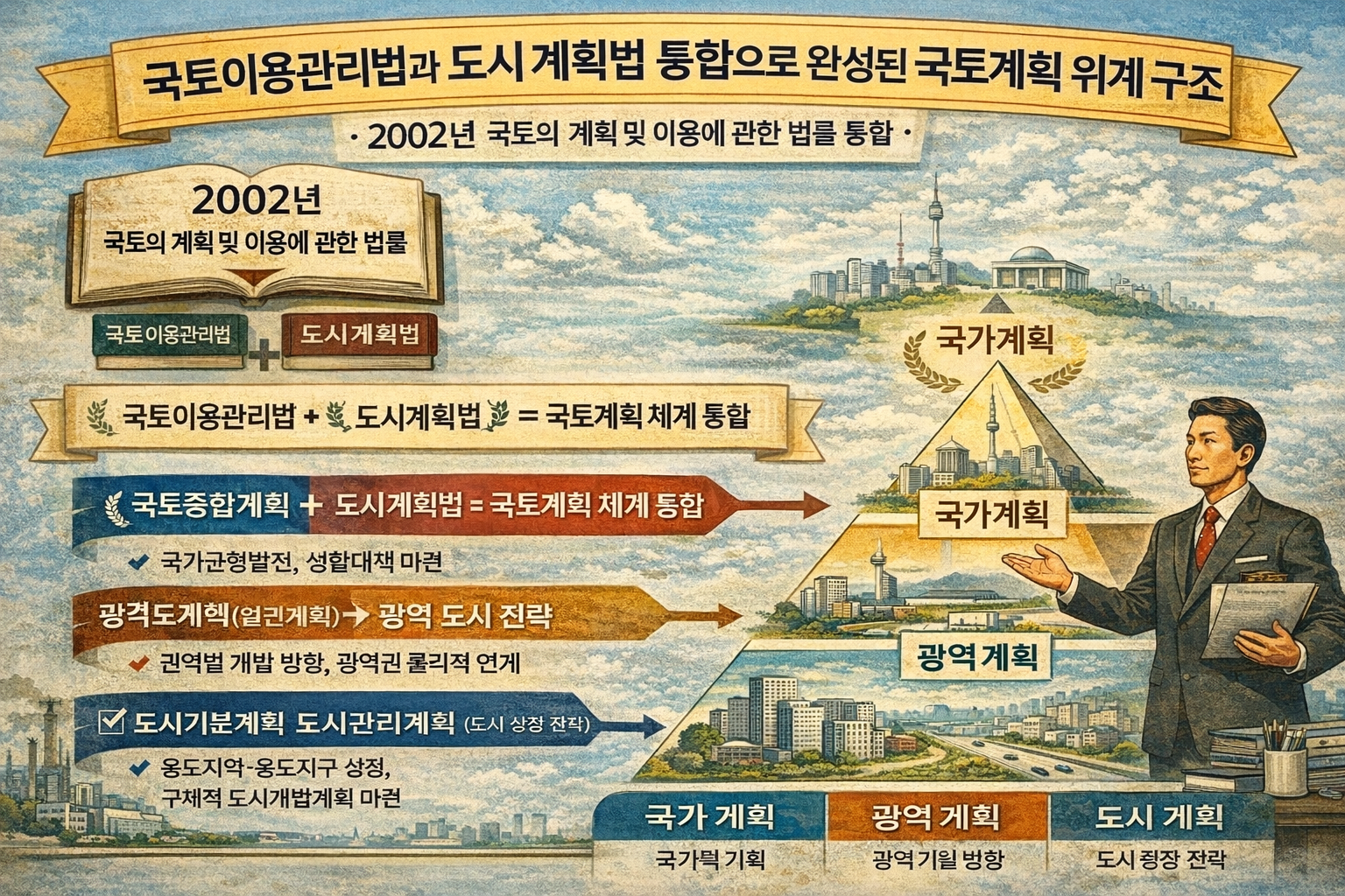 2002년 국토이용관리법과 도시계획법 통합으로 국가·광역·도시 위계계획 체계가 확립된 대한민국 국토계획 구조도