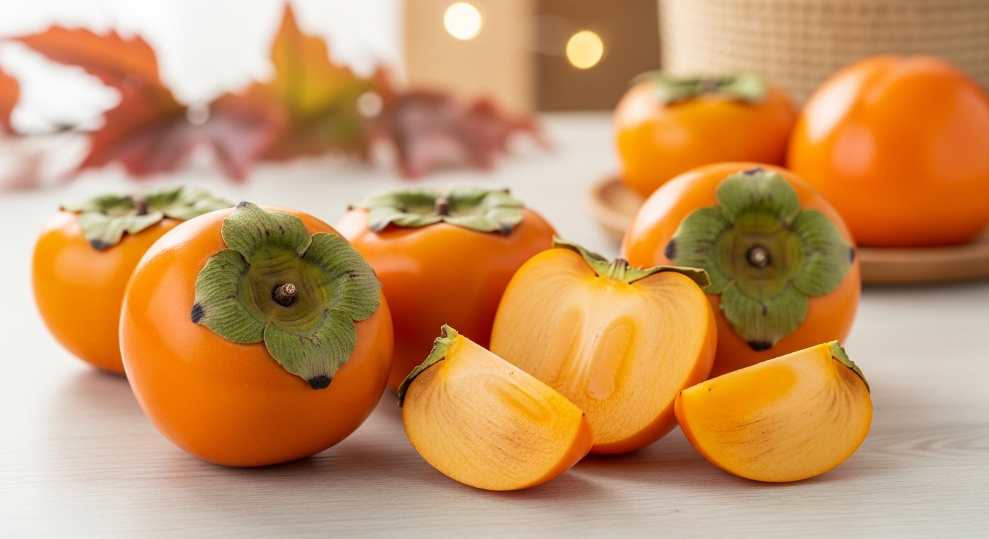 잘 익은 단감들이 놓인 나무 테이블 위에서 일부는 썰려 신선한 속살을 보여주는 모습. 가을 분위기가 느껴지는 배경.