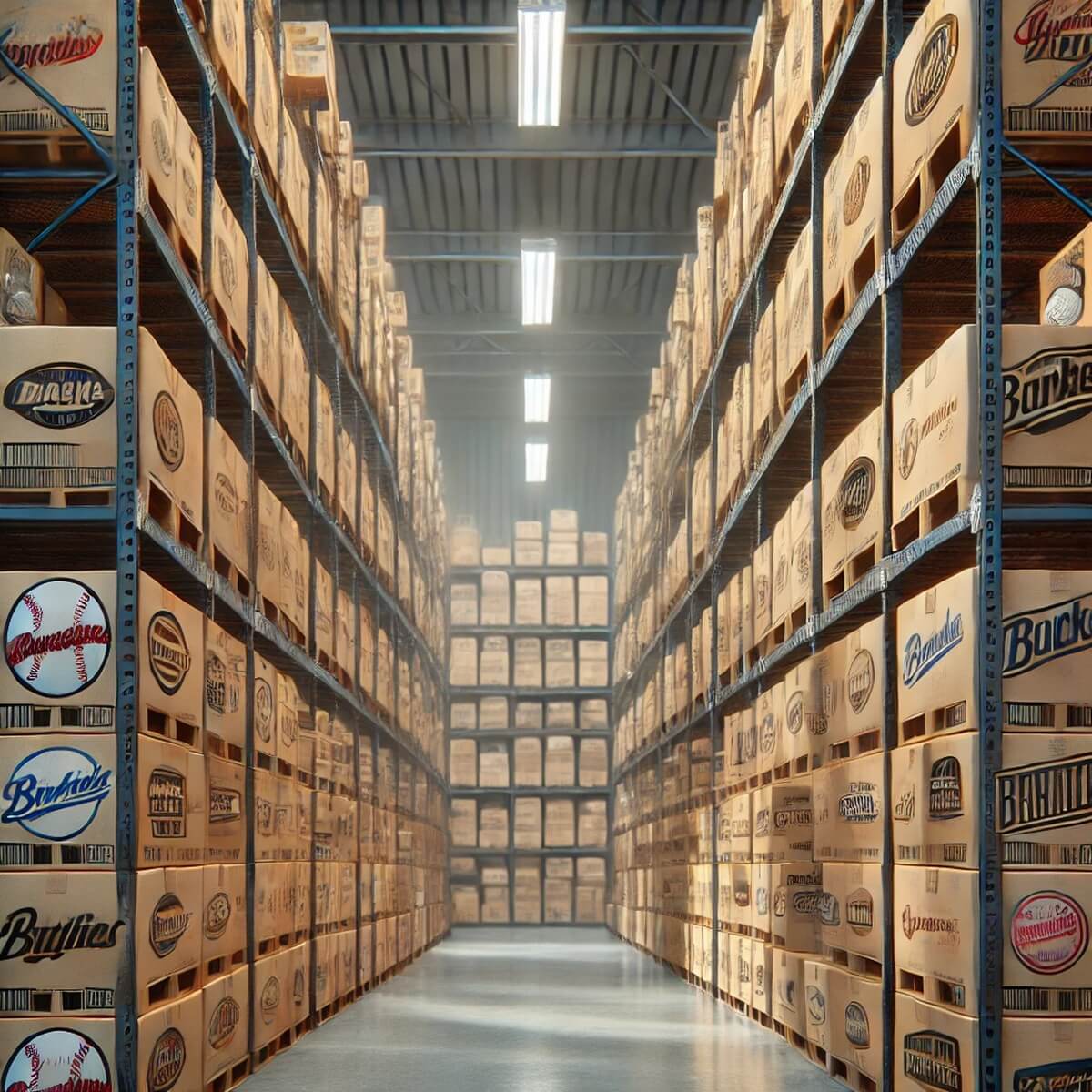 브랜드 박스가 가득한 야구 장비 창고
