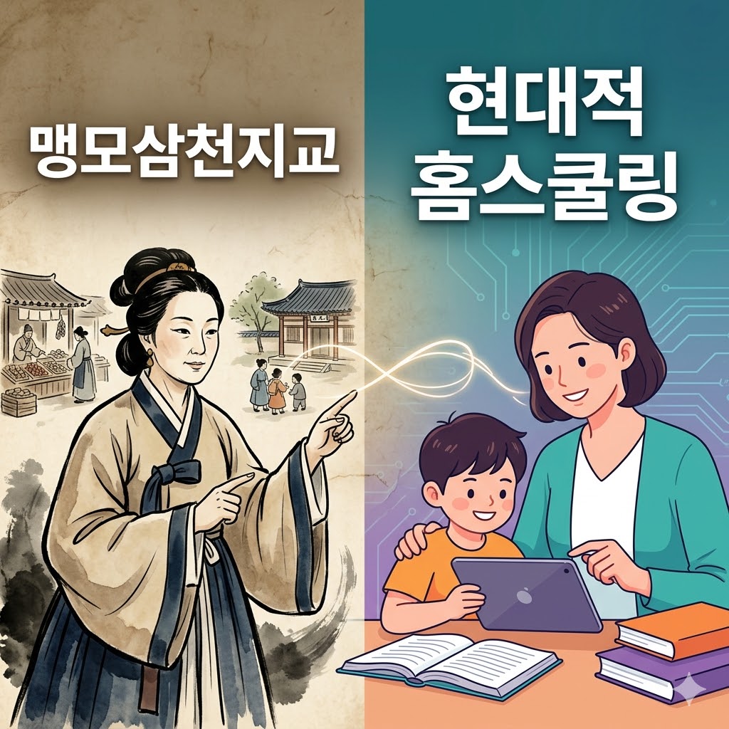 "동양적 수묵화 속 맹자 어머니의 전통적 교육 방식과 현대 거실의 스마트 기기를 활용한 엄마표 홈스쿨링이 세로로 분할된 화면에 담긴 모습. 두 시대의 교육열을 잇는 따뜻한 빛의 선이 흐르며 시대를 초월한 엄마의 마음가짐을 상징함."