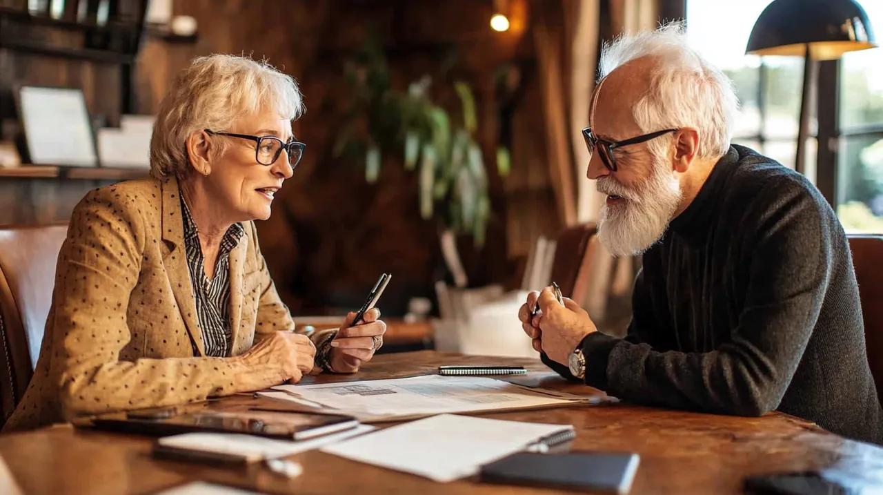 퇴직자가 금융 전문가와 함께 월별 배당 전략에 대해 상담하는 장면으로, 신뢰와 전문성이 돋보이는 대화 상황을 연출합니다.