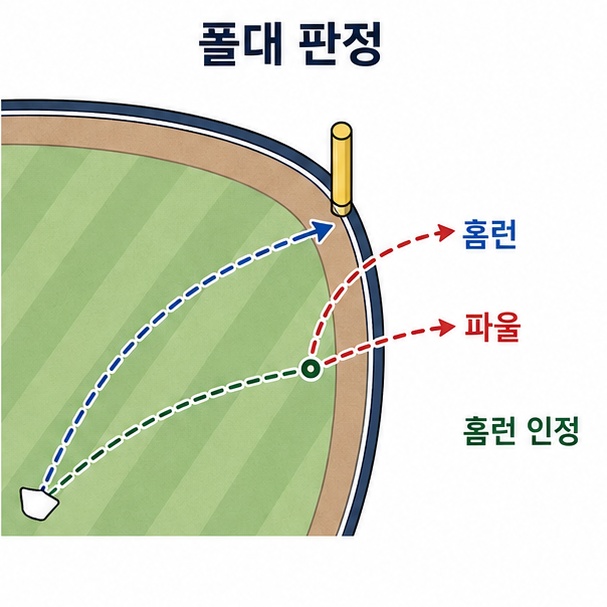 파울 폴 판정 도해, 폴 안쪽은 홈런, 바깥쪽은 파울, 폴을 맞은 타구는 홈런으로 인정되는 기준을 위에서 본 그림