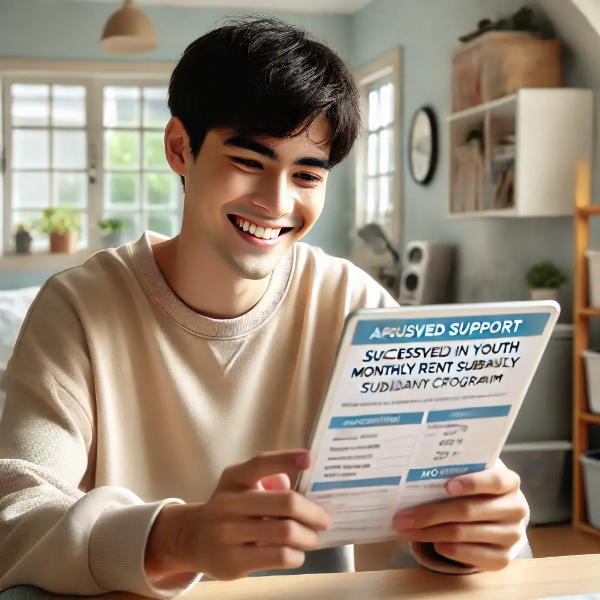 작은 원룸 책상에서 태블릿으로 월세 지원 승인 화면을 확인하며 안도하는 미소를 짓는 동양인 젊은 남성의 초고해상도 사진