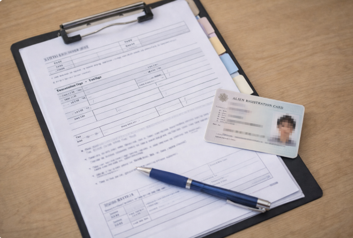 외국인등록증과 교육 지원 신청서 서류가 클립보드 위에 정리된 모습