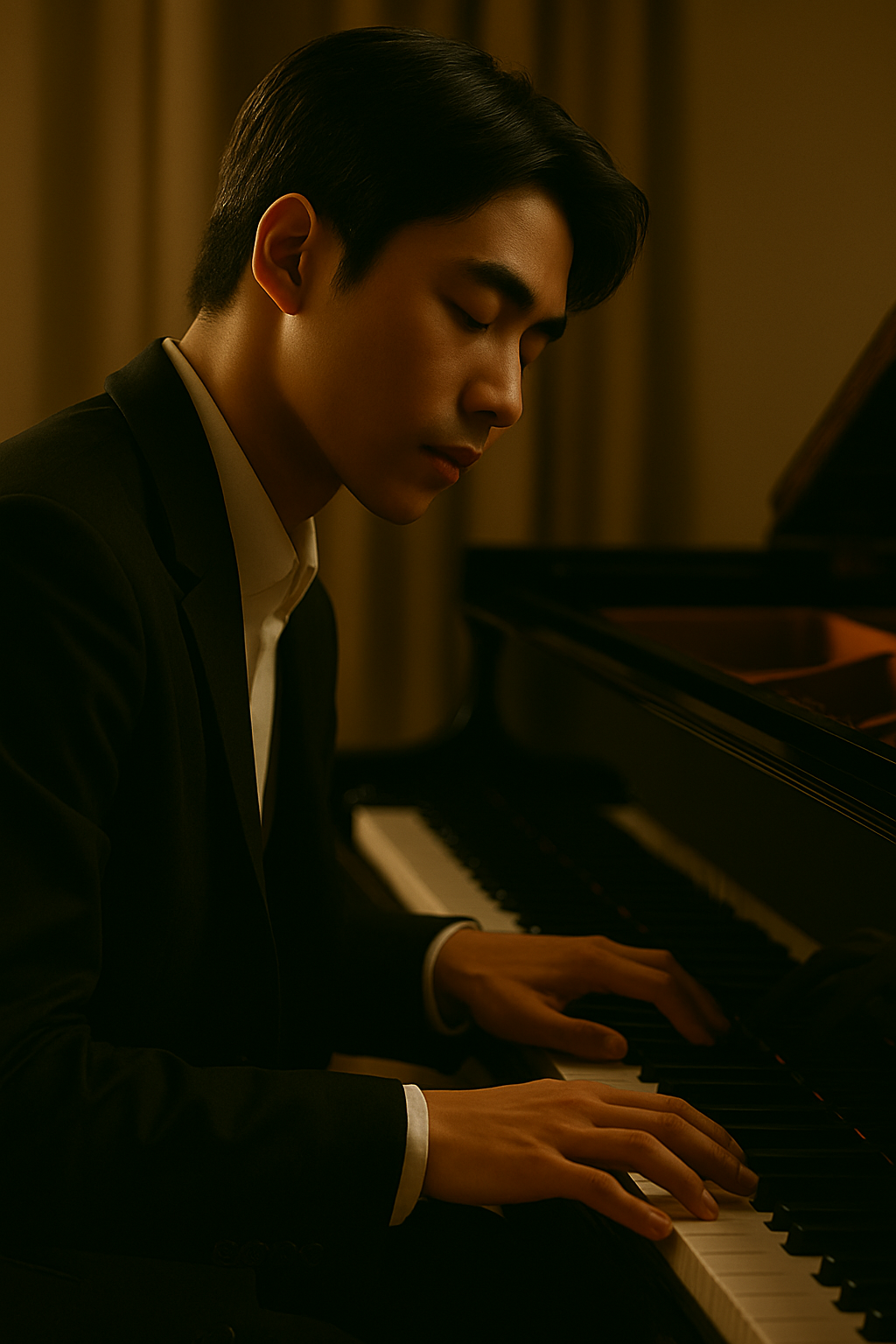 피아노 앞에 앉아 클래식을 연주하는 청년의 손