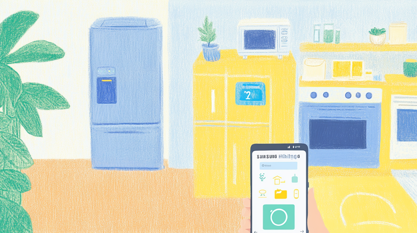 삼성의 스마트씽스 통합을 강조하며 스마트폰 앱으로 가전을 원격 제어하는 스마트 홈 시나리오