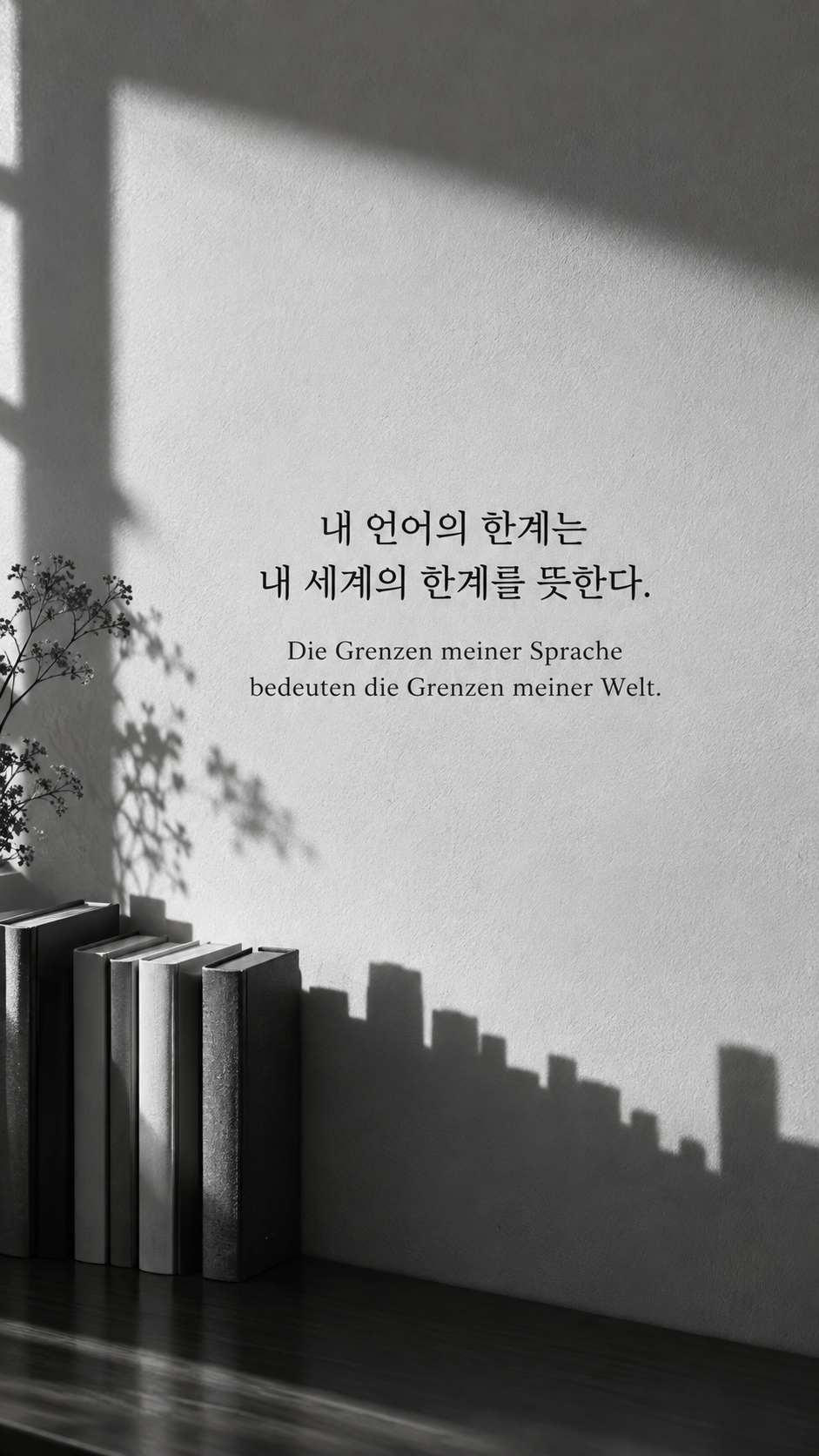 독일어 명언 26 비트겐슈타인 내 언어의 한계는 내 세계의 한계를 뜻한다. — 빈 벽에 드리운 책등의 그림자