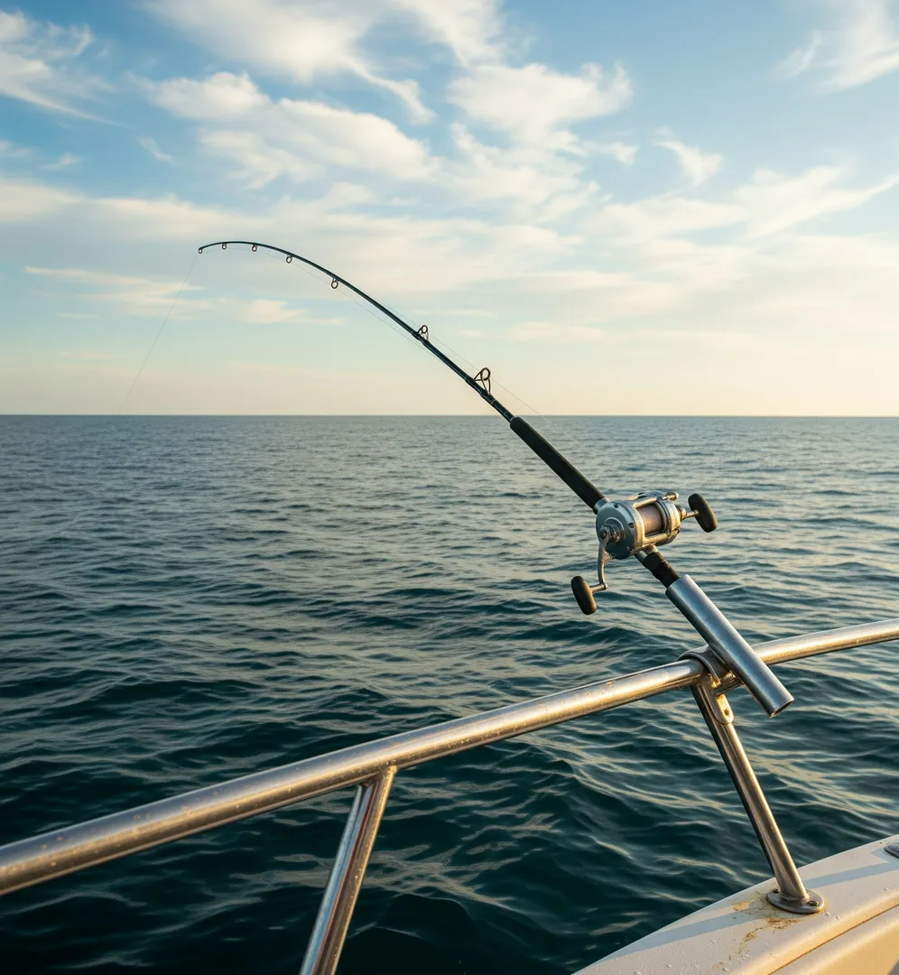 보트 난간에 설치된 낚싯대