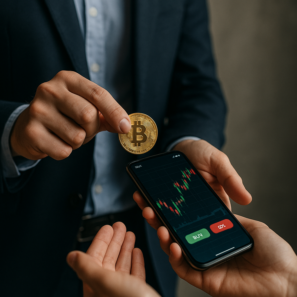 코인을 휴대폰으로 거래하는 모습
