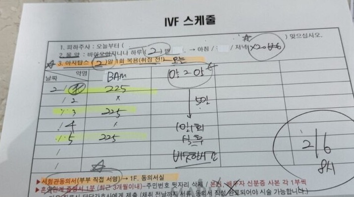 IVF 스케줄표, 2월 1일·3일·5일 칸에 벰폴라 225가 적혀 있고 2월 6일 8시에 동그라미가 그려져 있다