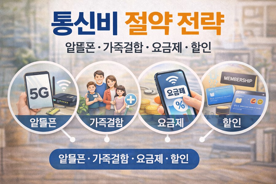 통신비 절약 전략으로 알뜰폰 요금제, 가족결합 할인, 데이터 요금제 조정, 통신사 할인 구조를 설명하는 안내 이미지