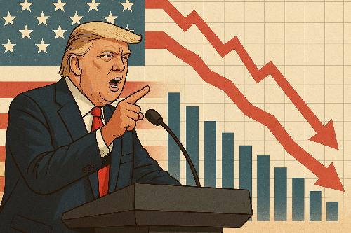 도널드 트럼프가 연설하는 일러스트 배경에 미국 국기와 급락하는 주가 그래프가 함께 표현되어 있으며, 이는 빅테크 기업들의 손실과 트럼프 정책의 연관성을 상징적으로 나타낸다.