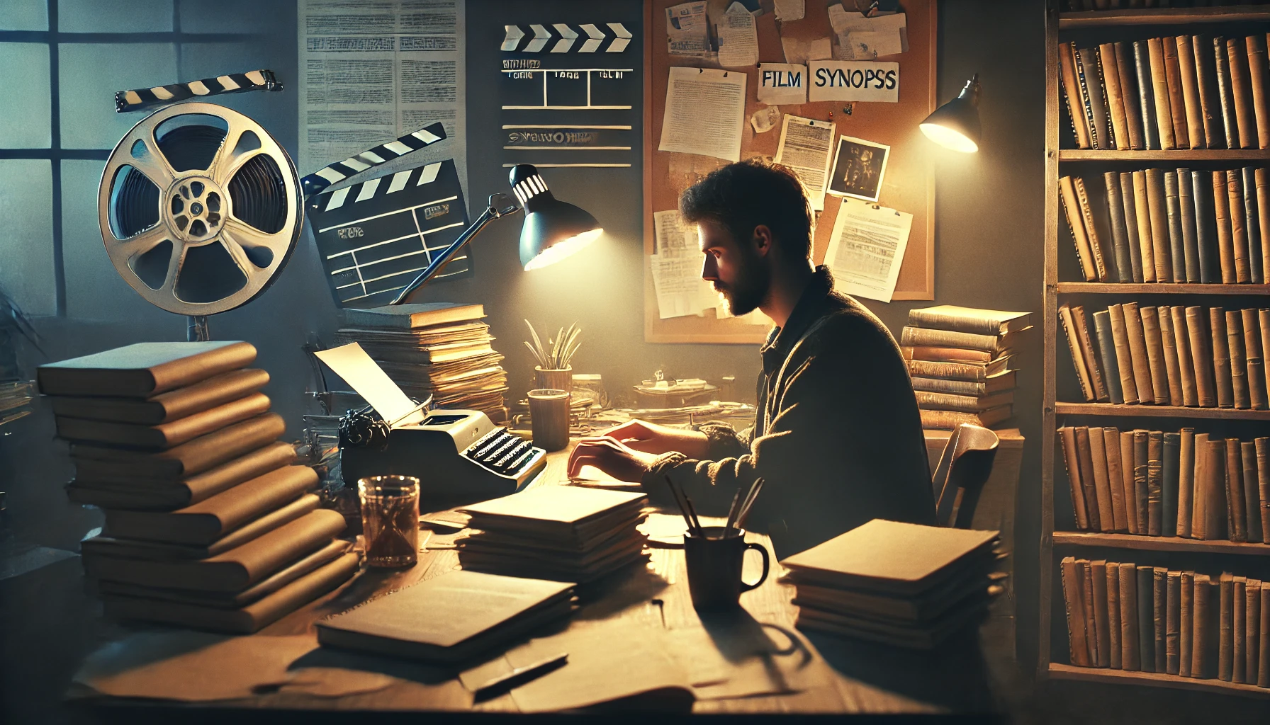 영화 각본 담당자가 책상위에서 영화 시나리오를 쓰고 있는 사진