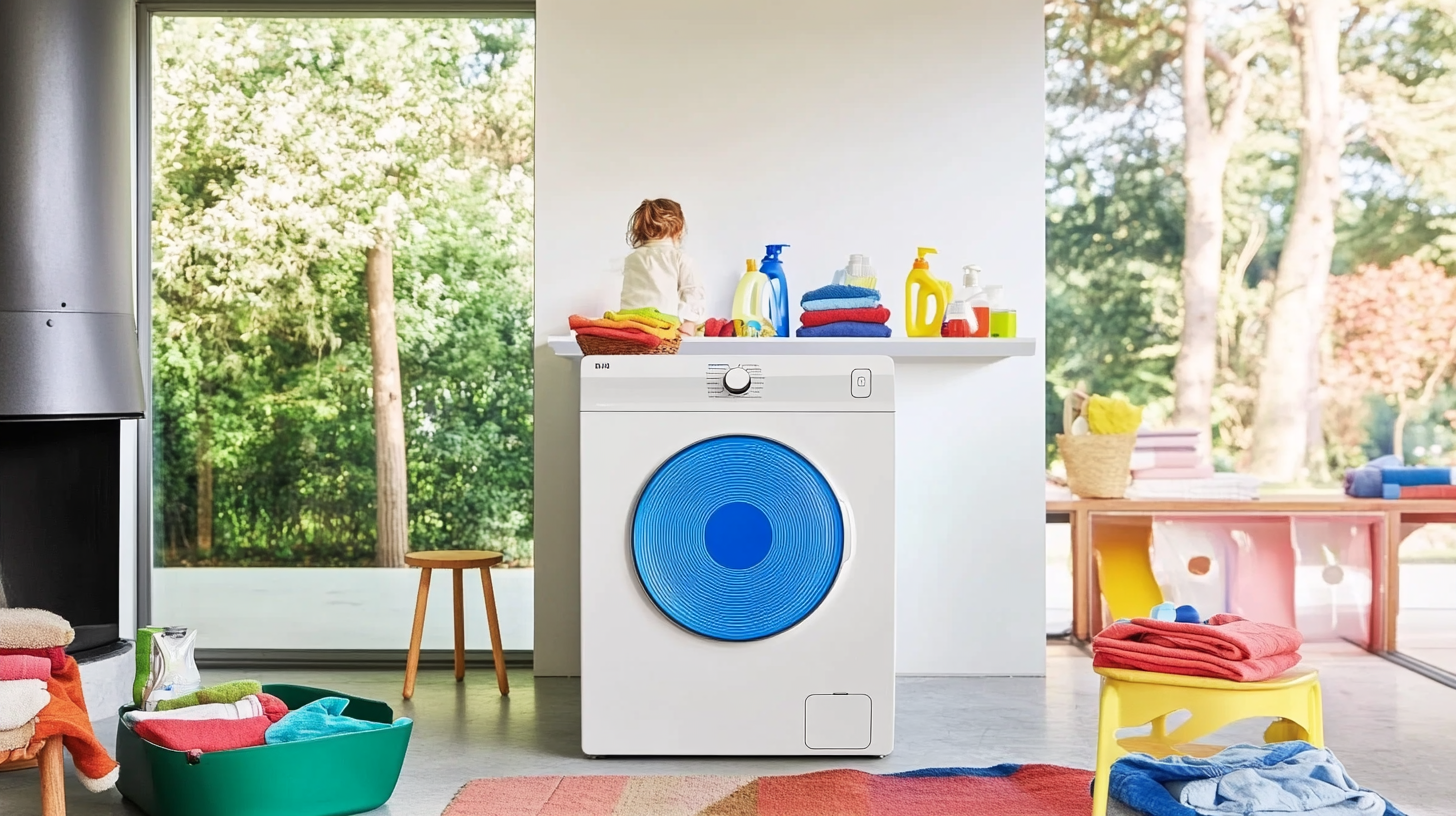 삼성의 AI 세탁 기능이 가동 중인 모습으로, 바쁜 가족 환경에서 세탁 기계를 최적화된 상태로 운영하고 있는 장면을 담고 있습니다.