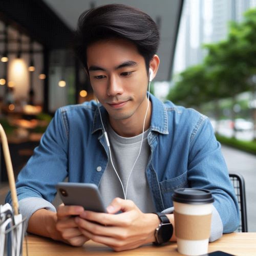 젊은 남성이 스마트폰으로 인터넷을 하고 있다.