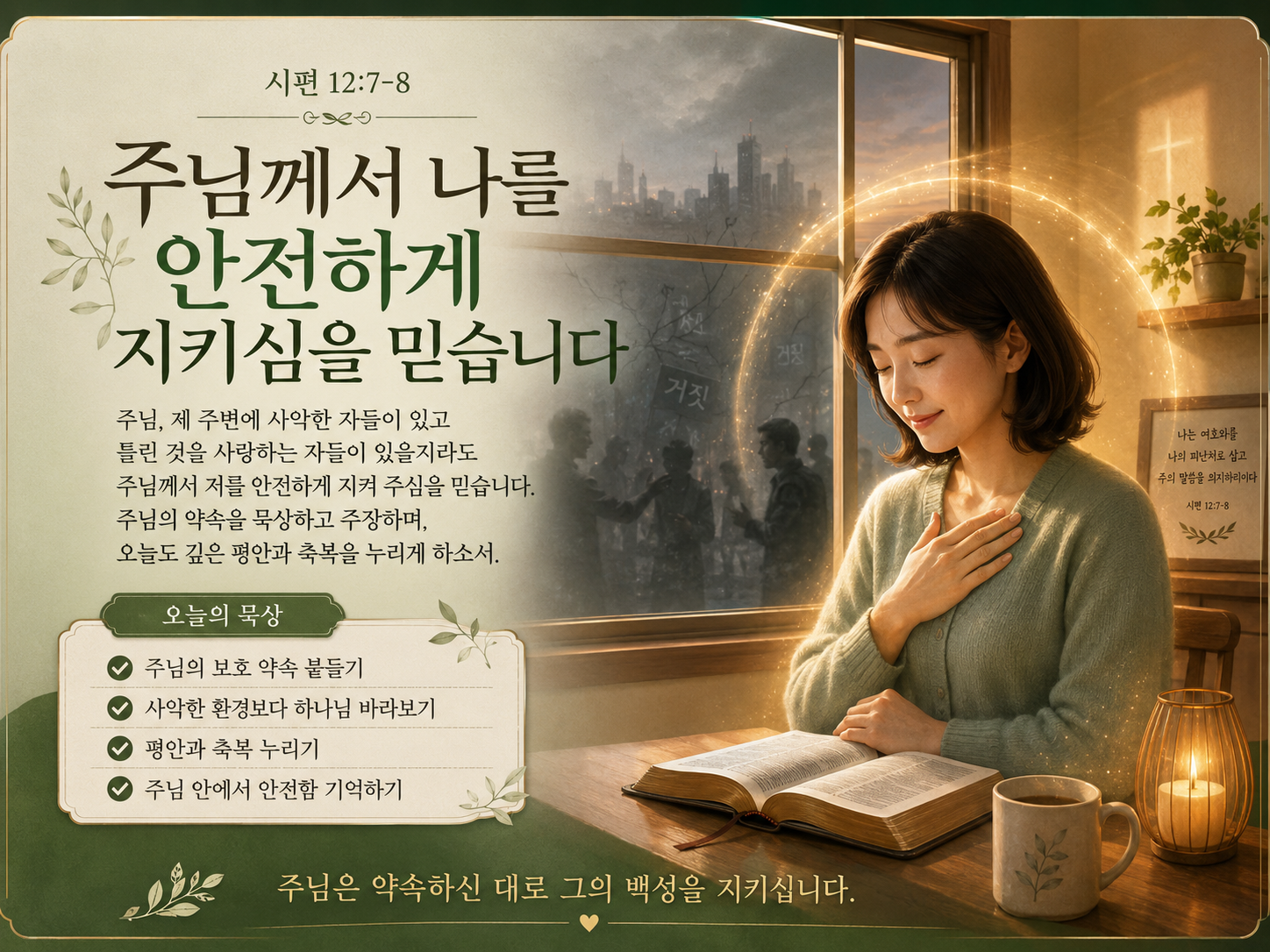 시 12:7-8 말씀에서 제 주변에 사악한 자들이 있어 그들이 틀린 것을 사랑하는 자들일지라도 주님께서는 나를 안전하게 유지해 주십니다. 주님께서는 나를 안전하게 유지해 주신다는 약속을 이루시는 분이십니다. 주님께서 나를 사악한 자들로부터 안전하게 지켜주신다는 약속을 묵상하고 주장하며 제가 깊은 평안과 축복을 누리는 모습입니다.