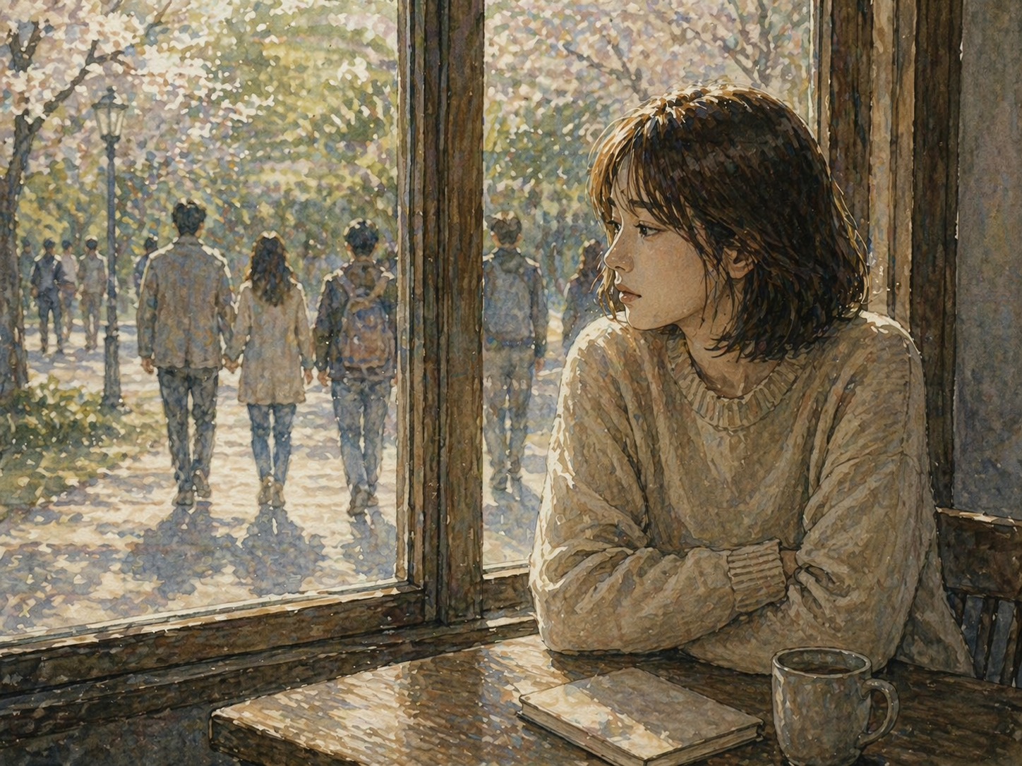 창가에 앉아 바깥을 바라보는 여성의 수채화 일러스트, 사람들 사이에 있지만 감정을 드러내지 않고 혼자서 생각을 삼키는 내면의 상태를 표현한 이미지