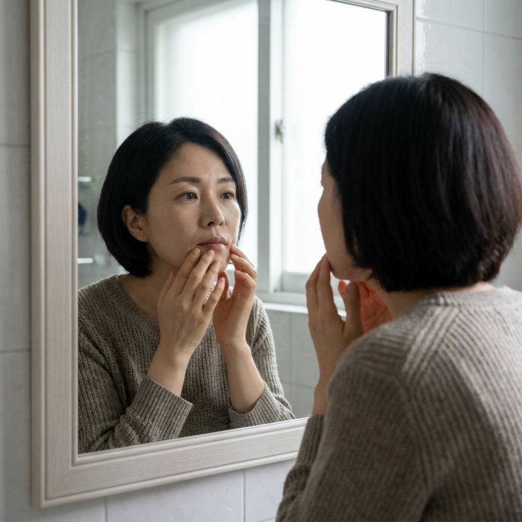 40대 여성이 거울을 보며 처진 턱선과 입가 주름을 손으로 살짝 만져보는 모습