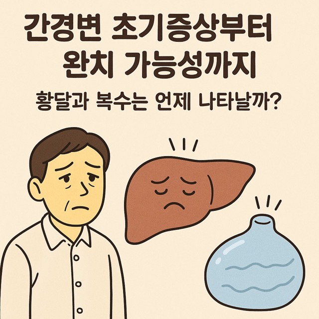 간경변의 초기증상과 완치 가능성, 황달과 복수 시기를 만화 스타일로 표현(출처: 자체제작)