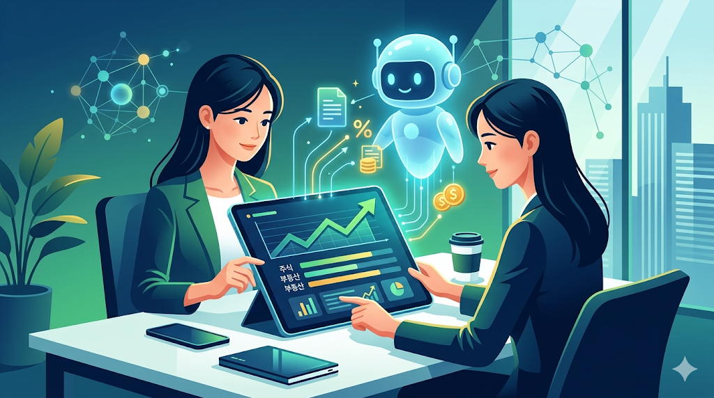 AI 비서를 활용해 주식 리포트, 부동산 입지, 경제 뉴스를 분석하여 효율적인 재테크 전략을 세우는 모습 (Two women using an AI assistant to analyze stock, real estate, and economic data for smart financial planning.)