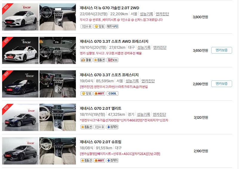 제네시스 GV70 중고차 가격 시세표 24년10월