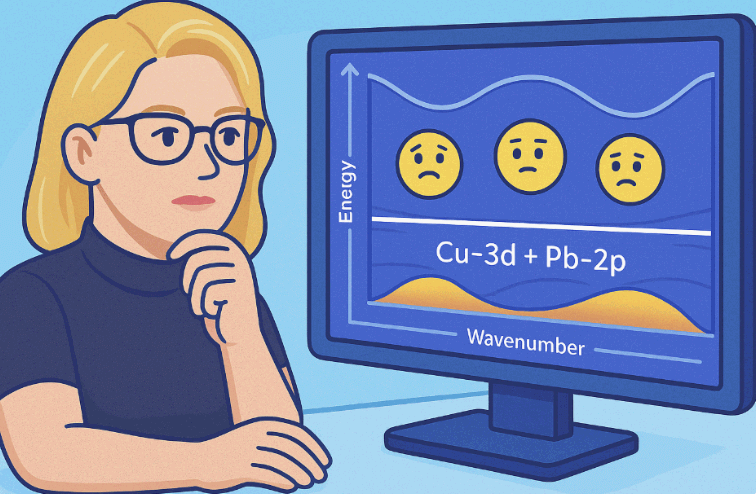 컴퓨터 모니터에 flat band 그래프가 표시되고, 그 위에서 다양한 표정의 전자 캐릭터 세 개가 위치해 있다. 모니터 왼쪽에는 금발에 뿔테 안경을 쓴 과학자(그리핀 박사)가 턱을 괴고 시뮬레이션 결과를 바라보고 있다. 그래프에는 Cu-3d + Pb-2p라는 텍스트가 표시되어 있다.
