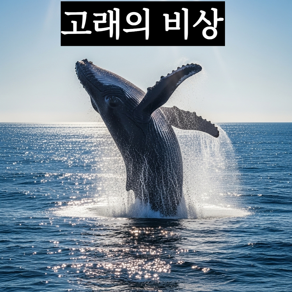 짙푸른 바다 한가운데에서 거대한 혹등고래가 수면 위로 힘차게 솟구쳐 오르며 물보라를 일으키는 웅장하고 신비로운 자연 풍경의 일러스트