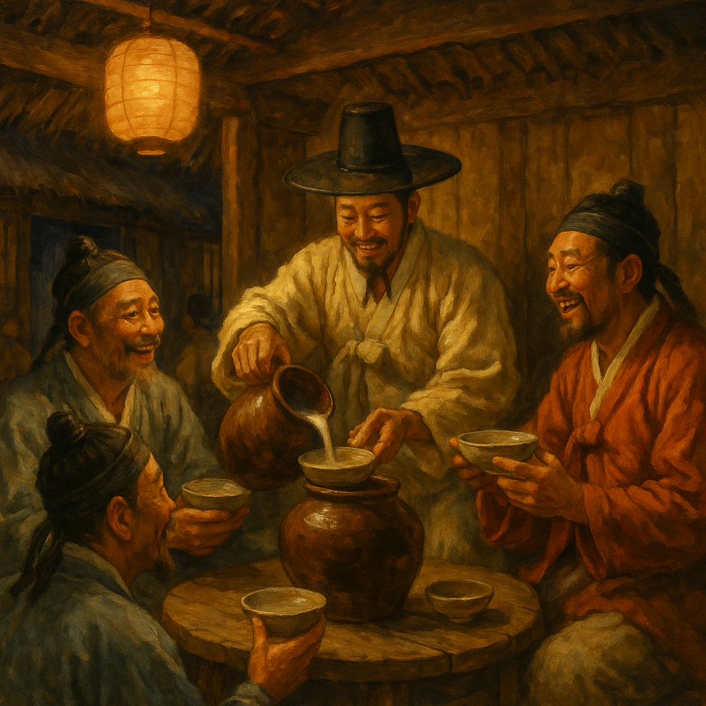 조선후기 주막에서 막걸리 한 사발을 나누며 웃음꽃을 피우는 장면 AI 이미지