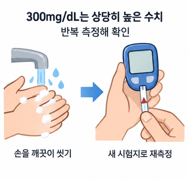 혈당 300이 일반적인 목표 범위를 크게 벗어난 높은 수치임을 설명하는 이미지