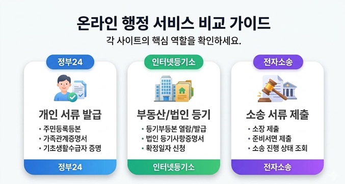 정부24 인터넷등기소 전자소송 차이 비교 인포그래픽